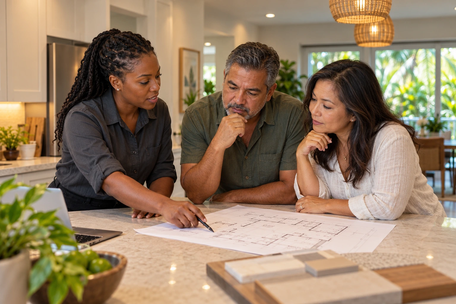 An electrical project planning conversation with a diverse group of people. Illustrative concept, not actual WiseMinds staff, customers or completed work.