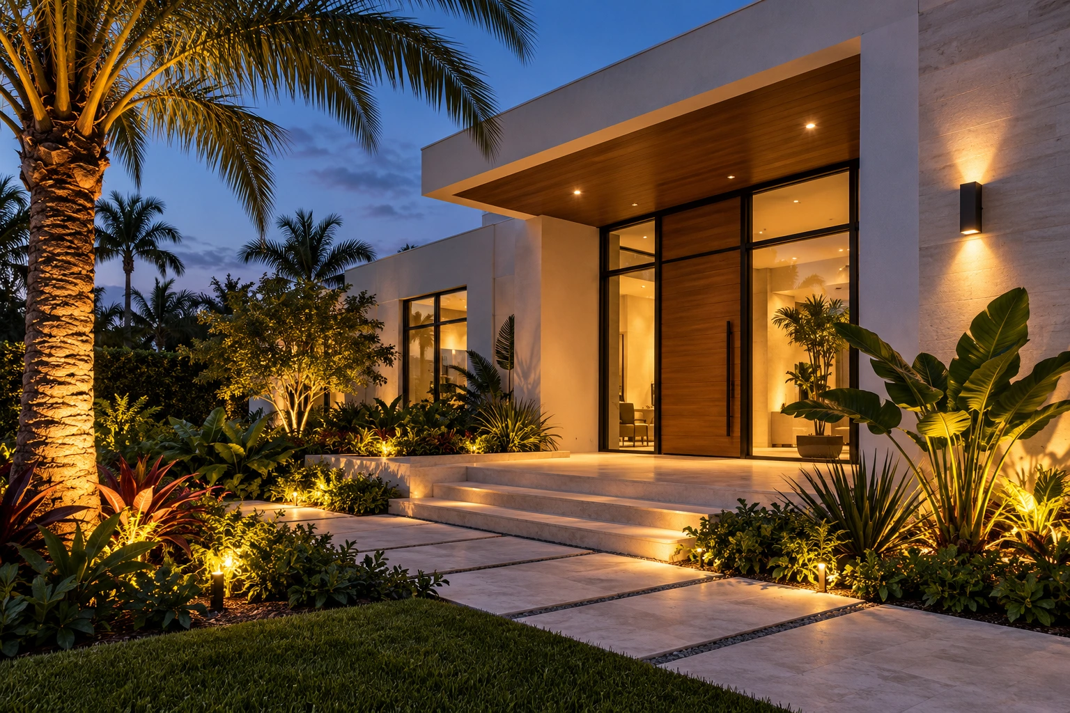 Warm architectural lighting at a residential entry. Illustrative concept, not actual WiseMinds staff, customers or completed work.